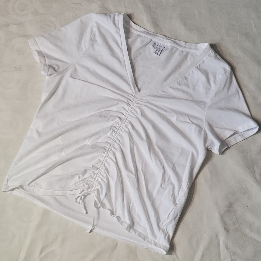 Topshop White Ruched V-Neck Short Sleeve Tee
